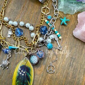 Multi charms turquoise layered necklace maximalism